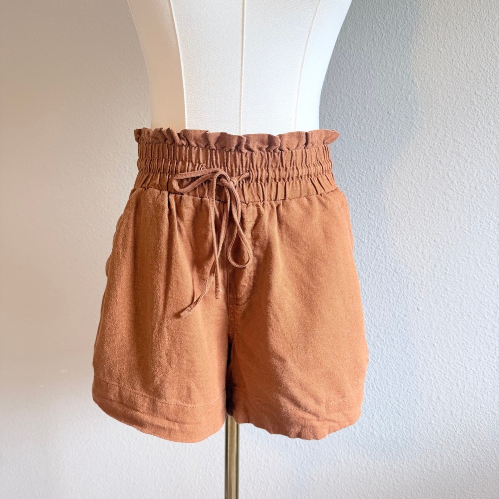 Neutral Brown Linen Blend Shorts Womens Small Smocked Waist Coastal Minimalist